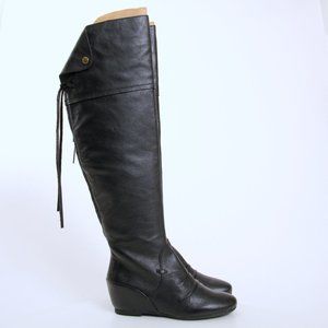 Corso Como Black Leather Over-the-Knee Lace-Back Wedge Boots